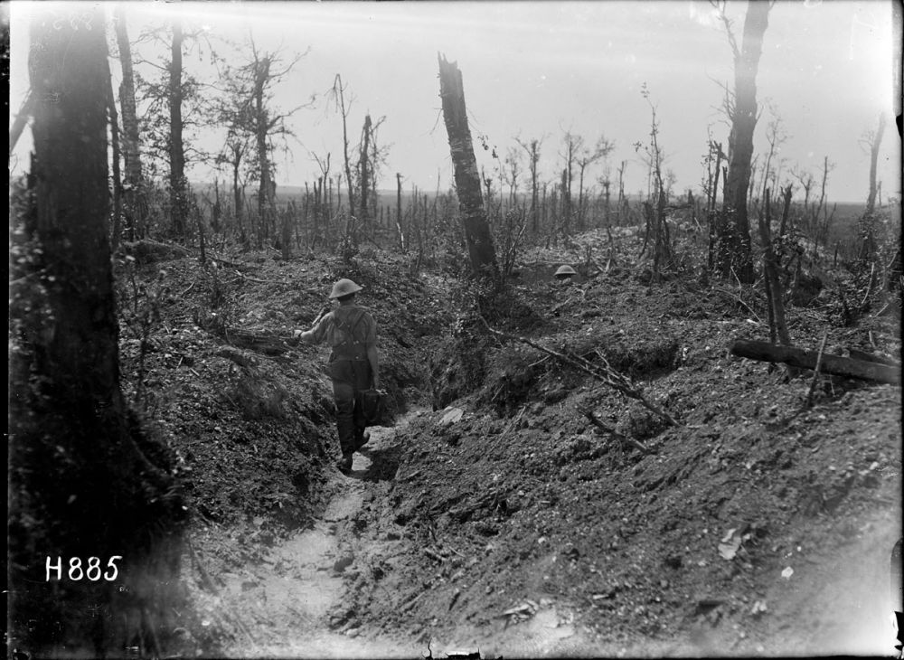 A New Zealand soldier carries water to the front line through the newly captured Rossignol Wood. 10 August 1918